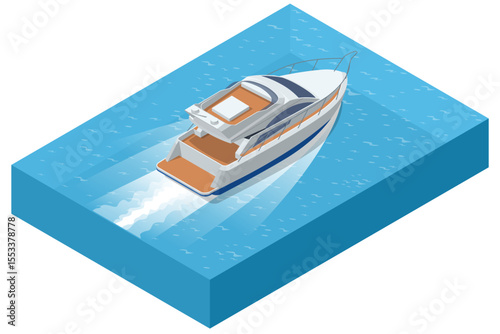 Isometric yacht moving on blue water. The yacht is leaving a wake behind as it sails. Travel, luxury, marine transport, or summer vacation. Top view of a modern, luxurious yacht speeding on water.