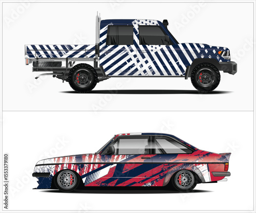 Two stylized vehicles with unique patriotic themed wrap designs on a white background