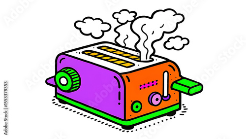 Cartoon toaster with steam and clouds isolated on transparent background