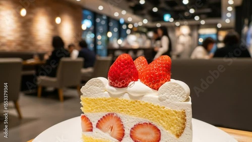 Japanese Christmas cake featuring strawberries and whipped cream served in urban café