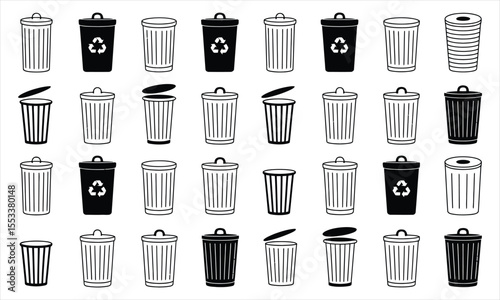 Collection of various trash cans and recycling bins with different designs
