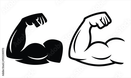 Iconic bicep flex symbol in black and white outline styles