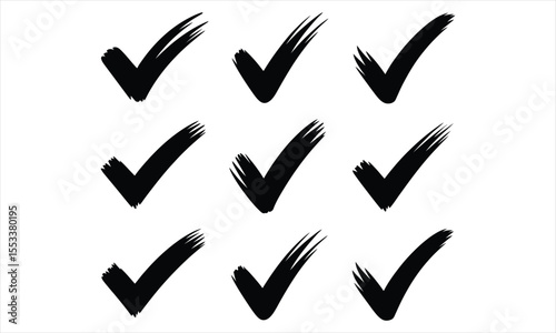 Collection of nine hand drawn black check marks on a white background
