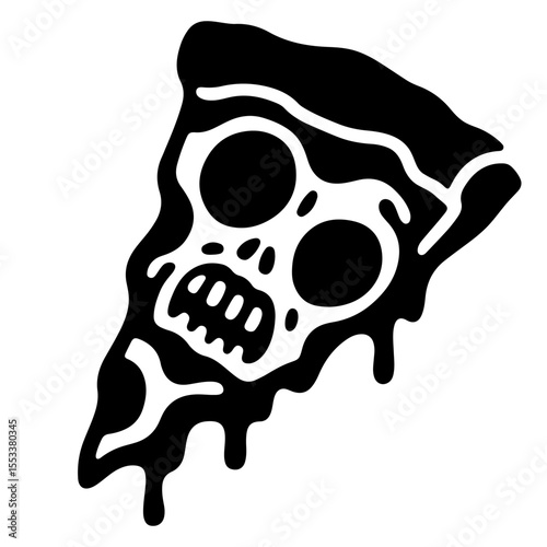 Melted Pizza Skull Illustration, Black and White Vector Design Element