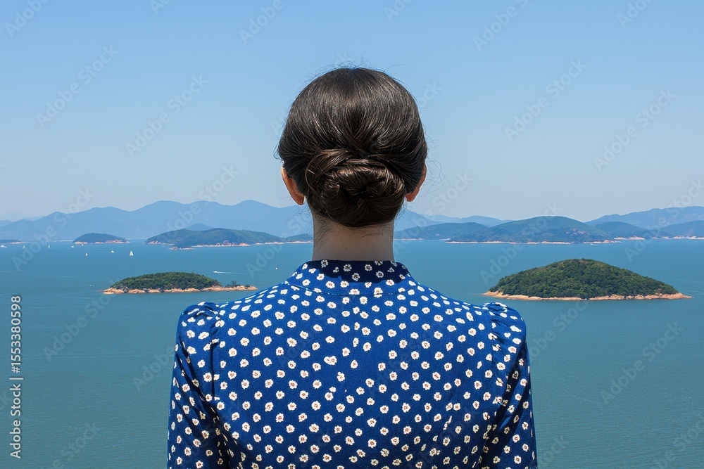Woman in Blue Dress Gazes at Serene Islands and Clear Sky Woman in Blue Dress Gazes at Serene Islands and Clear Sky