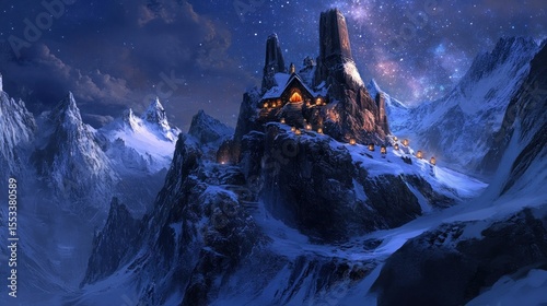 Snowy mountain peak castle lit by night
