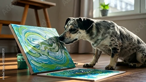 Playful dog curiously examines colorful abstract paintings in a cozy, sunlit room