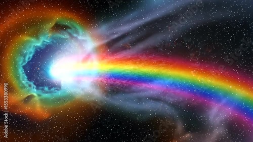 Vibrant cosmic explosion with a rainbow trail in a starry galaxy backdrop, symbolizing wonder