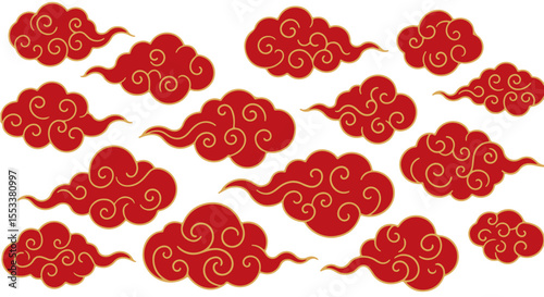 Set of Traditional Chinese Red Clouds with Golden Ornaments. Ideal for designs related to Chinese New Year, Asian festivals, cultural themes, traditional art, or conveying prosperity and an oriental.