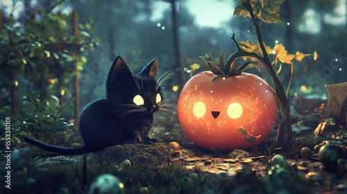 Cute black kitten and glowing tomato in a magical forest scene