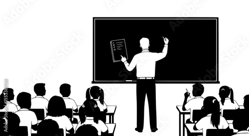A teacher stands at the front of a classroom pointing to a blackboard while students sit at desks and listen intently