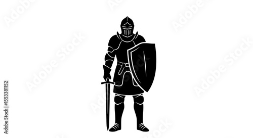 Illustrative Silhouette of a Medieval Knight Standing Ready for Battle Holding a Sword and Shield in Protective Full Plate Armor Symbolizing Courage and Strength