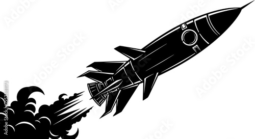 A Classic Rocket Ship Blasting Off Into Space Leaving a Trail of Smoke and Fire Behind as It Ascends Through the Atmosphere