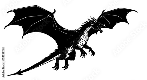 Powerful black dragon breathing fire in flight with dark wings spread wide symbolizing strength and mythical fantasy creatures in a dynamic pose against a white background