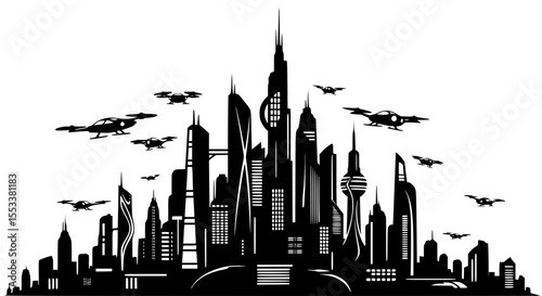 Futuristic Metropolis with Flying Vehicles and Towering Skyscrapers Illustrating Urban Development and Advanced Technology