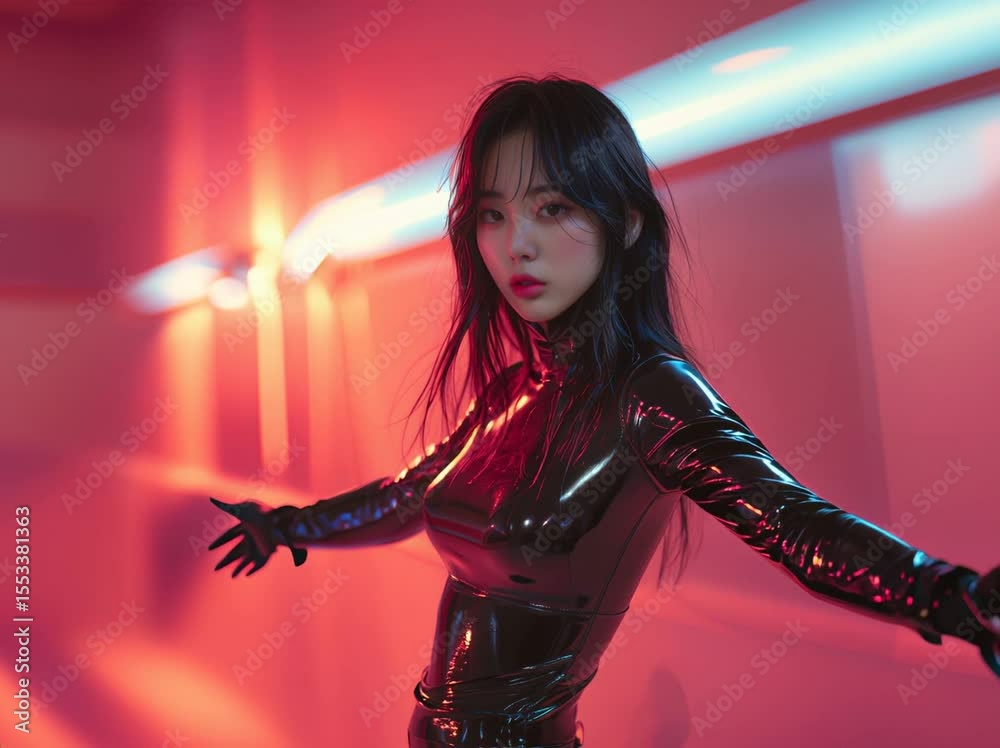 Jeune femme asiatique en combinaison vinyle noire, bras écartés dans un couloir futuriste éclairé de néons rouges et bleus, ambiance cyberpunk et mode avant-gardiste avec reflet lumineux sur les paroi