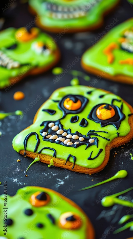 Fototapeta premium Spooky Halloween Skull-Shaped Gingerbread Cookies with Green Icing
