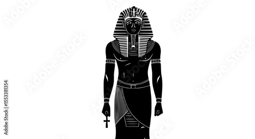 Ancient Egyptian Pharaoh Standing Tall and Proud in Traditional Headdress Holding a Sacred Ankh Symbol Representing Eternal Life and Divine Authority in a Stark Black and White Illustration