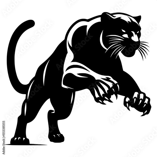 Black and White Vector of a Pouncing Panther Silhouette