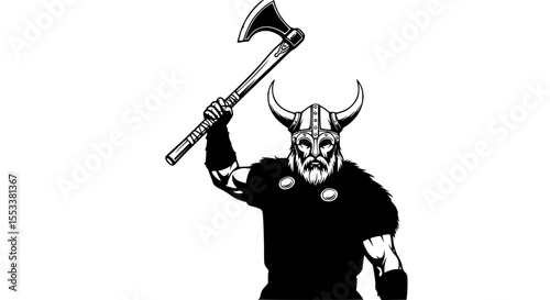A Fierce Warrior in a Horned Helmet Raises an Axe Ready for Battle Symbolizing Strength Courage and Ancient Warrior Traditions