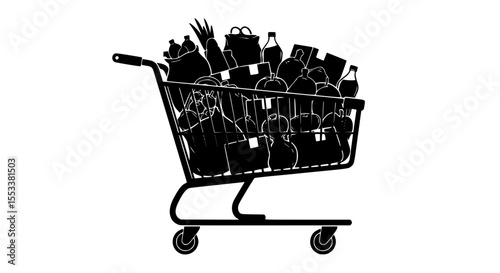 A full grocery cart overflowing with various food items and drinks illustrating a busy shopping trip and household needs