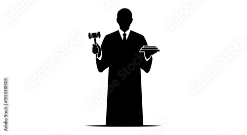Silhouette of a Judge Holding a Gavel and Law Books Ready to Preside Over a Courtroom Session