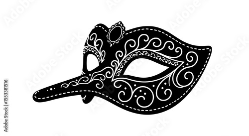 Elegant Decorative Black Masquerade Mask with Ornate Swirls and a Long Beak Design Perfect for Themed Parties or Costume Events Capturing a Mystical and Artistic Ambiance