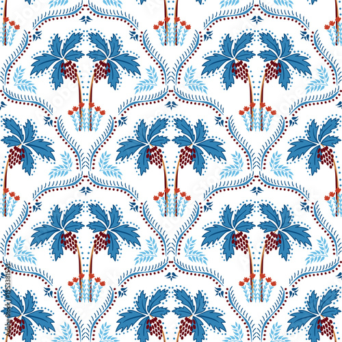 Blue modern boho exotic seamless pattern, cute tropical palm tree. Ethnic nature damask ornament, summer jungle scallop motif. Geometry hand drawn background, vector wallpaper, floral textile design.