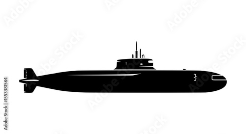 A streamlined dark silhouette of a military submarine moving through the water with a distinct sail and propeller