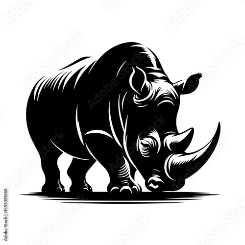 Black and White Vector of a Raging Rhinoceros Silhouette