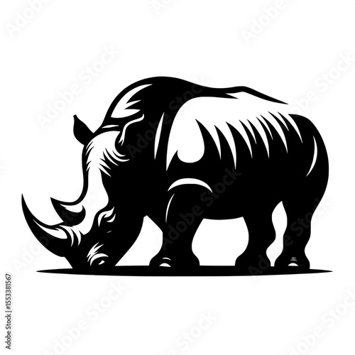 Black and White Vector of a Raging Rhinoceros Silhouette