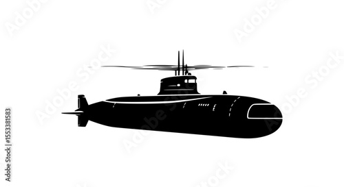 A black silhouette of a submarine with a rotor on top floating on the water