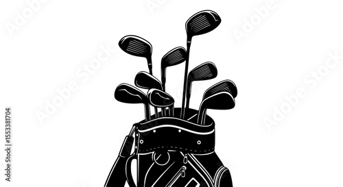 A Black And White Illustration of a Golf Bag Filled With Various Golf Clubs Ready for a Day on the Green Sporting Goods for the Game of Golf Equipment for Playing