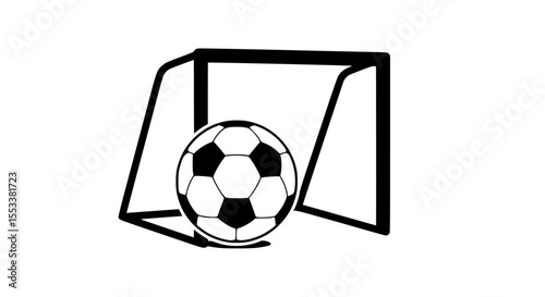 A classic black and white illustration of a soccer ball in front of an open goal with a white background