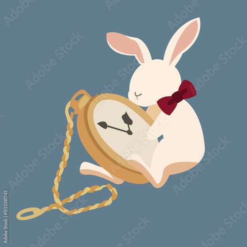 Cute Rabbit Holding Pocket Watch Vector Illustration in Flat Style