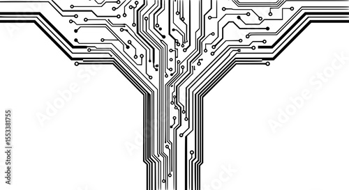 An Intricate Network of Electronic Circuit Traces Fanning Outward Creating a Complex Technological Pattern on a White Background
