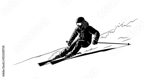 A dynamic illustration captures a lone skier carving through fresh powder on a steep mountain slope creating a spray of snow as they descend with focused determination