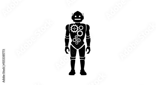 Iconic Representation of a Vintage Mechanical Robot Character with Visible Internal Cogwheels Displaying a Classic Sci-Fi Aesthetic