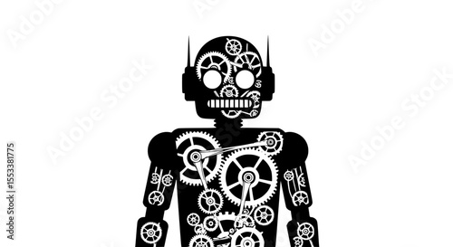 Intricate Inner Workings of a Steampunk Robot Character Revealed in Detailed Black and White Silhouette Art Displaying Complex Gear Mechanisms