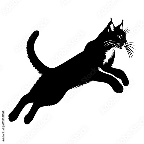Black and White Vector of a Wildcat Leaping Silhouette