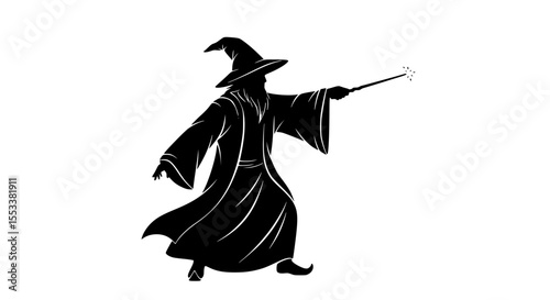 A mysterious wizard casting a spell with a glowing wand and emanating magic in a classic silhouette style on a white background representing arcane arts and enchantment