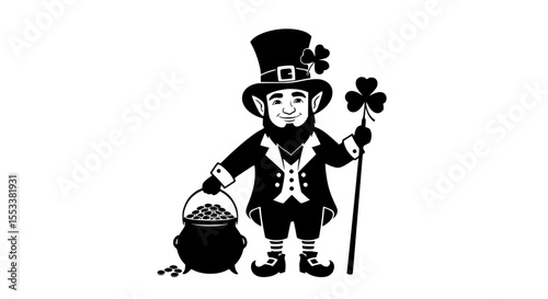 A charming leprechaun dressed in traditional attire stands proudly beside a pot overflowing with gold coins holding a shamrock adorned cane and a smaller shamrock on his hat