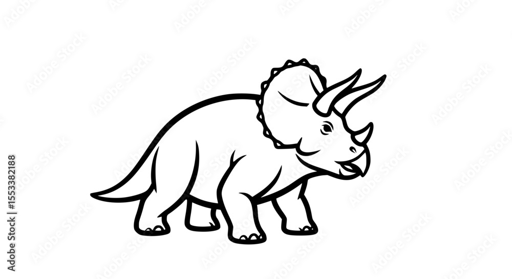 Obraz premium A Simple Black and White Drawing of a Triceratops Dinosaur with Three Horns and a Frill on its Head Standing on All Four Legs