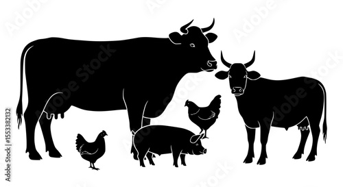 A charming collection of farm animals including two cows a pig and three chickens rendered in a simple black silhouette against a white background showcasing domestic livestock and poultry
