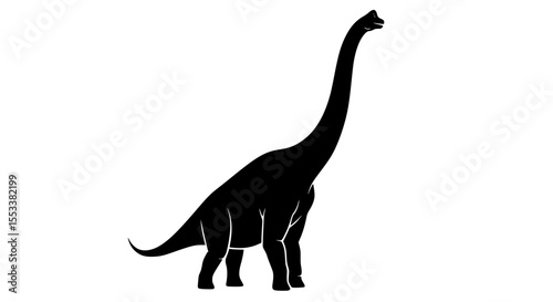A Silhouette of a Brontosaurus Dinosaur with a Long Neck Standing Tall Against a White Background Evoking Prehistoric Times and Ancient Life