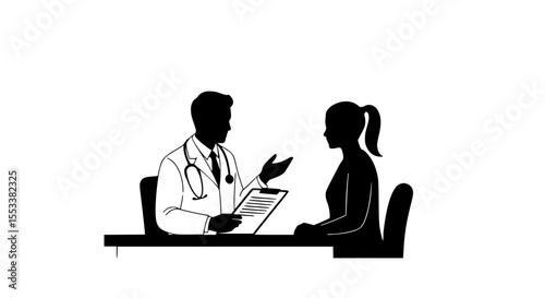 A doctor consults with a patient discussing medical records and treatment plans during a healthcare appointment at a clinic examination room