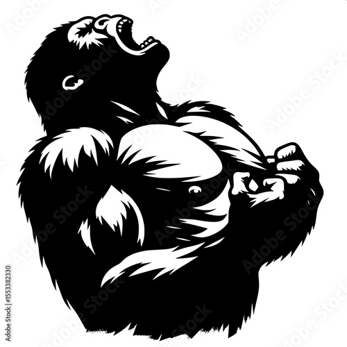 Black and White Vector of a Gorilla Beating Chest Silhouette