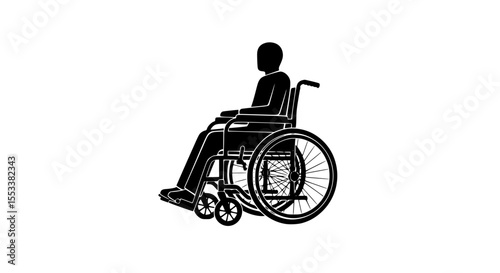 A simple black and white illustration of a person sitting in a wheelchair viewed from the side