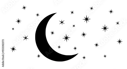 A Beautiful Crescent Moon Surrounded by Numerous Twinkling Stars in a Dark Sky Scene