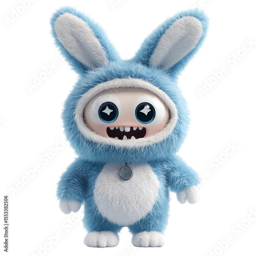 Cute furry blue bunny mascot character isolated on transparent background
